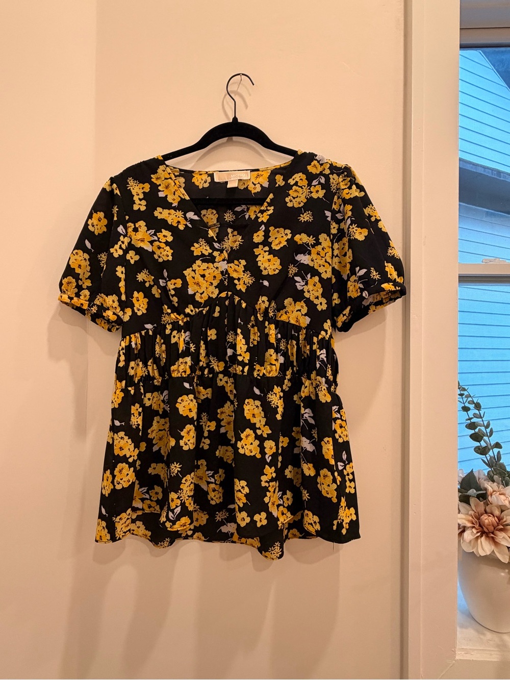 Michael Kors Black Short-Sleeve Floral Tunic with Yellow Print